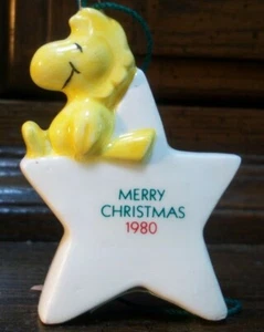 Vintage Peanuts Snoopy Pal WOODSTOCK ON A STAR 1980 Ceramic Ornament UFS - Picture 1 of 3