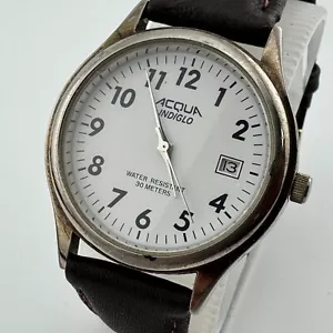 Acqua Timex Indiglo Quartz Watch Men 30m Silver Date Leather Analog New Battery - Picture 1 of 6