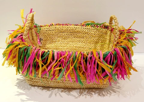 Pier 1 Woven Basket Multicolor Raffia With Handles NWT Cover