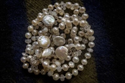 Colar de prata esterlina e pérola genuína, pedra da lua, madrepérola - Imagem 1 de 4