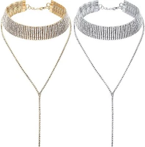 Rhinestone V Tassel Choker Necklace Multi-Layer Wide Collar Party Necklaces 2Pcs - Picture 1 of 8