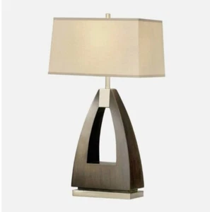 Modern Contemporary Table Lamp Bold Triangular Cutaway Base Pecan Brushed Nickel - Picture 1 of 9
