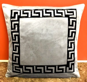 Silver Grey / Black Greek Keys/Border/Velvet Decorative Pillow Throw Cover - Picture 1 of 3