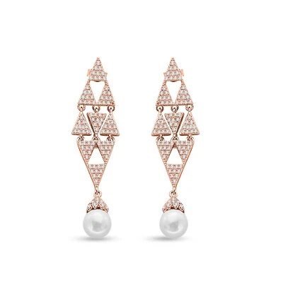 1.25 Ct Round Pearl Simulated Diamond Teardrop Dangle Drop Earrings Rose Plated - Image 1 of 4