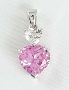 Designer LGL 10K Weißgold rosa & weißer Saphir zwei Herzen 7/8" Tropfen Anhänger - Bild 1 von 9