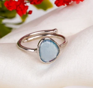 Impresionante Aguamarina Talla Rosa Piedra Preciosa Anillo 925 Plata Minimalista - Imagen 1 de 6