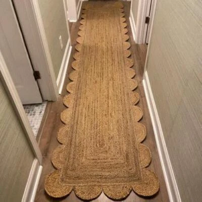 Runner Jute Rug Scallop Carpet Handmade Farmhouse Natural Braided Rustic Look - Image 1 of 4
