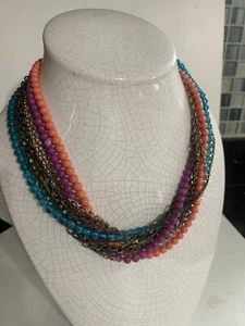 Multi-Color Signed mini beaded Fashion Necklace Statement chain blue orange - Picture 1 of 5