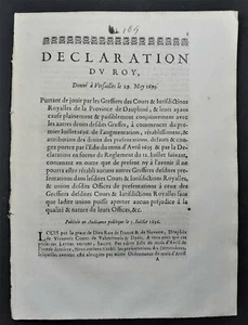 [Ancien Régime] DECLARATION DU ROY Province du Dauphiné Greffiers des Cours 1695 - Picture 1 of 1