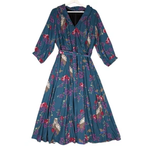 Midikleid Eshakti Damen Größe XL blau geblümt 3/4 Arm A-Linie mit Gürtel - Bild 1 von 12