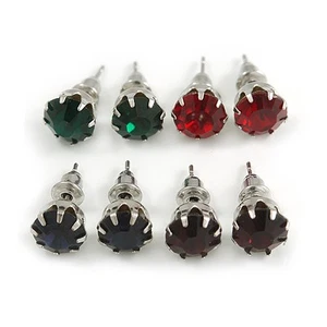 Juego de 4 aretes redondos con joyas de 8 mm en tono plata rojo/verde/azul/ - Imagen 1 de 6