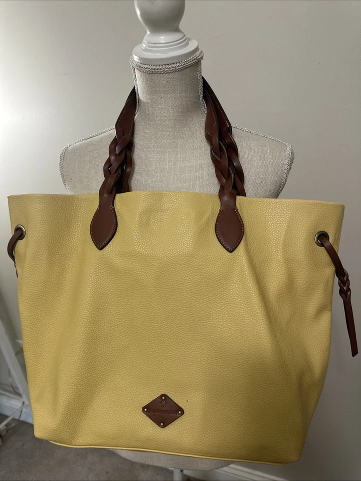 ST. JOHN'S BAY Yellow Faux Pebbled Leather Satchel Tote with Cognac Brown Trim - Image 1 of 4