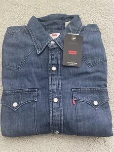 Levi's Denim Pearl Snap The Western Shirt Size Small Dark Blue Long Sleeves New - Picture 1 of 11