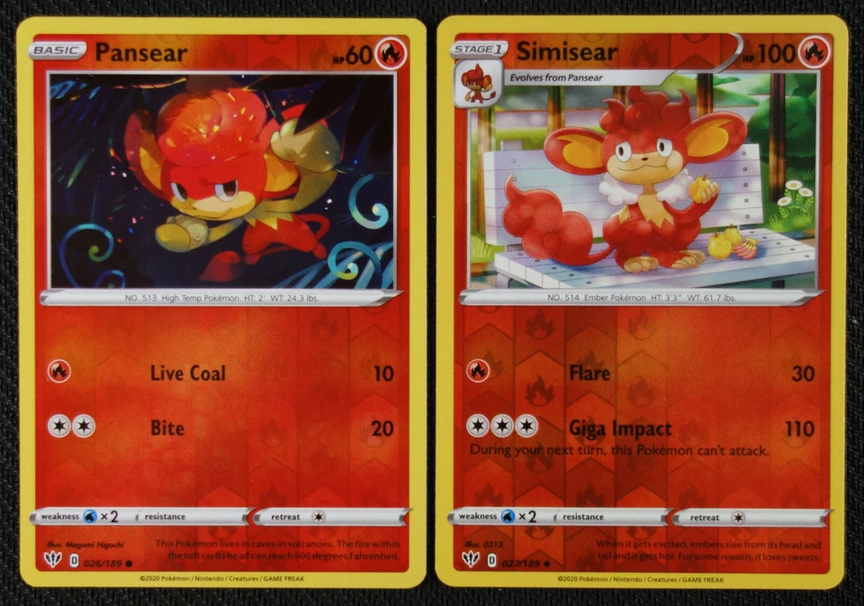 Pokemon Cards Pansear 026 Simisear 027/189 Reverse Holo Darkness Ablaze NM/M - Image 1 of 1