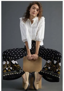 By Anthropologie Floral Wide-Leg Pants size 8 new BLACK color $148 - Picture 1 of 2