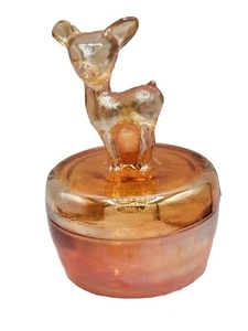 Marigold Carnival Glass Dish Jeannette Fawn Deer Vanity Candy Trinket With Lid - Picture 1 of 8
