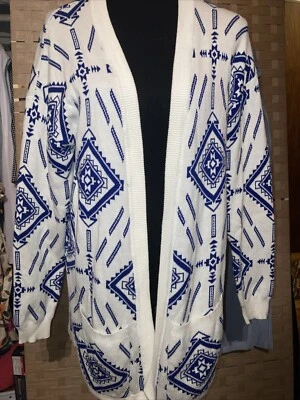 Lush Aztec  Sweater Cartagain Size S/M  Tribal Cream White And Blue 100% Cotton - Image 1 of 4