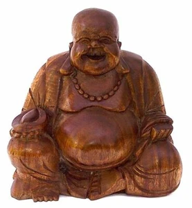 Glücksbuddha Holz Buddha Skulptur Holzbuddha Holzskulptur Holzfigur Buddhafigur - Bild 1 von 4