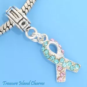 Baby Loss Pink and Blue Crystal Ribbon 925 Sterling Silver European Bead Charm - Picture 1 of 1