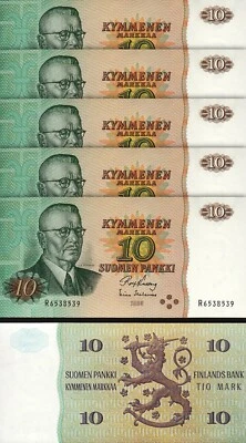 Finland 10 Markkaa 1980, UNC, 5 Pcs LOT, Consecutive, P-111, Prefix R - Image 1 of 4