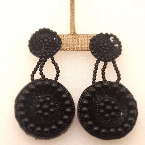 E306 Handmade black beaded sequins clip double Dangle fashion party earrings #1 - Picture 1 of 8