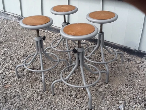 4 - Wide Base Industrial 360 Metal Stools - Adjust 22" To 28" -Wood Board Center Cover
