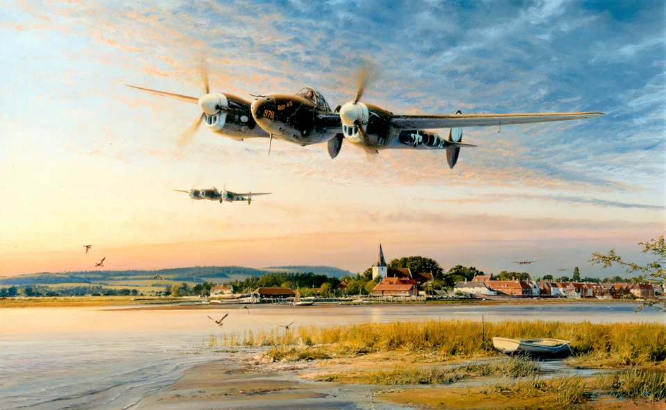 Coming in Over the Estuary by Robert Taylor aviation art signed by P-38 Aces - Image 1 of 1