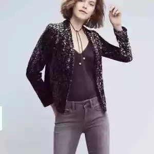 ELEVENSES Anthropologie Womens Sz 6 Lumi Leopard Print Velvet Blazer One Button - Picture 1 of 14