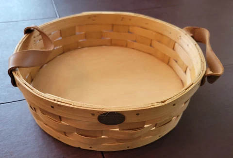 Peterboro Basket Co,Leather Handles Vintage Large Round 12 in. .Natural Finish Cover