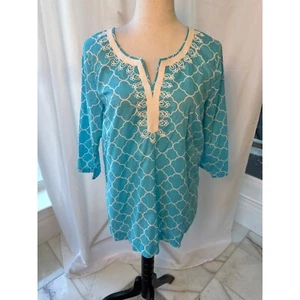 St John's Bay Embroidered Tunic Top Aqua Blue White 3/4 Sleeve PM - Picture 1 of 6