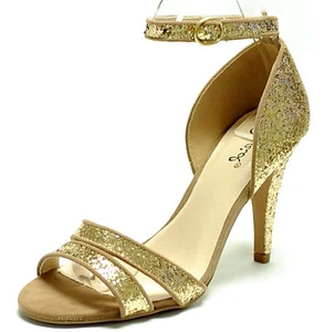 Nuevos zapatos para mujer puntera abierta de noche tacones de aguja dorados brillo correa al tobillo graduación fiesta - Imagen 1 de 9