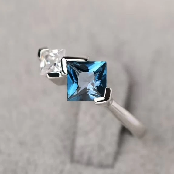 Princess Cut London Blue Topaz Proposal Ring Moissanite 925 Sterling Silver Ring - Image 1 of 4