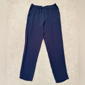 Eileen Fisher Perfect Mid Rise Pull On 100% Silk Slim Straight Blue Pants Small - Picture 1 of 8