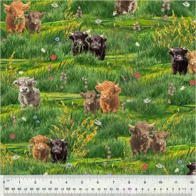 Fat Quarter Windham Highland Hooves Calves Grass Floral Meadow Cotton Fabric - Image 1 of 4