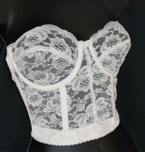 SHEER IVORY WHITE LACE Strapless & Backless Vintage 1980s BUSTIER BRA -sz 36 D - Picture 1 of 3