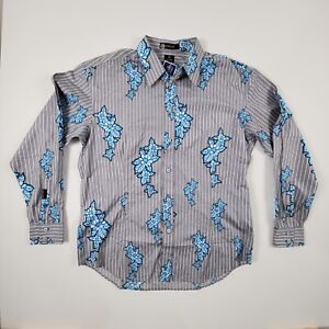 NEW Sean John Mens Grey Dress Shirt Striped Blue Floral XXL 100% Cotton