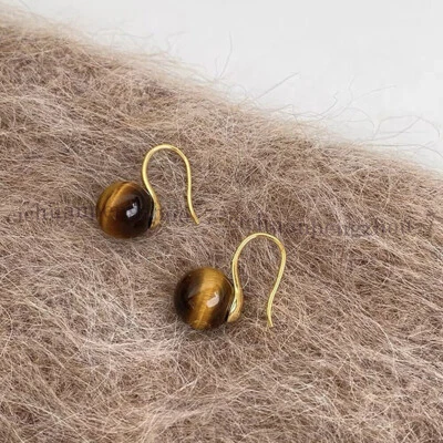 10mm Natural Yellow Tiger's Eye Round Gemstone Beads Dangle Hook Earrings - Image 1 of 3