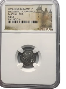 GERMANY, Strassburg. Anonymous Silver Denar, 1050-1250, Paschal Lamb, NGC AU58 - Picture 1 of 3
