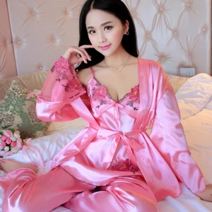 NEU Sexy Damen Silk Satin Pyjamas 3pc Nachtwäsche&Roben Nachthemd#P018 Rosa - Picture 1 of 6