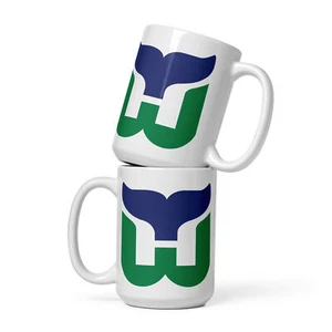 HARTFORD WHALERS WHITE GLOSSY COFFEE MUG 15 OZ. & 11 OZ. VINTAGE NEW ENGLAND NEW - Picture 1 of 3