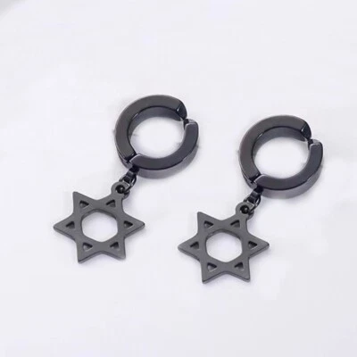 Black Jewish Star of David Drop Dangle Hoop Earrings Men Stainless Steel Jewelry - Image 1 of 4