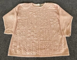 Kathie Lee Womens XL VTG Sweater Pink Open Knit Appliqué Flowers Pearls Pullover - Picture 1 of 13