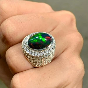 5Ct Natural Fire Black Opal Ring In 925 Silver White Gold Plated Handmade Ring - Picture 1 of 6