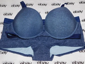NEW Victoria's Secret Pink Super Push-Up Bra Denim 38C & Boyshort Set Large L VS - Picture 1 of 3