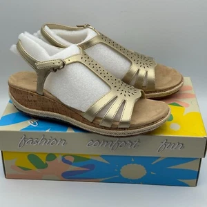 Easy Street Dorinda Womens Gold T-Strap Wedge Sandals 7.5M Cork Sole Shoes - Picture 1 of 8