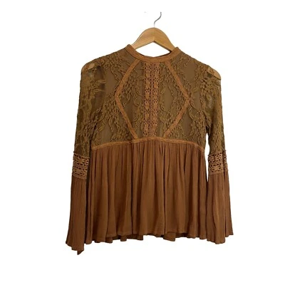 By Together Tan Brown Lace Overlay Pleated Bell Sleeves Keyhole Top Blouse Sz S - Image 1 of 4