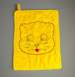 Vintage Handarbeit bestickt grüne Augen Kätzchen Katze gelb Topflappen 50’er - Bild 1 von 7
