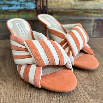 Antonio Melani Mules Sz 8.5 M Leather Heel Sandals Open Toe Stripe Joelie Orange - Image 1 of 4