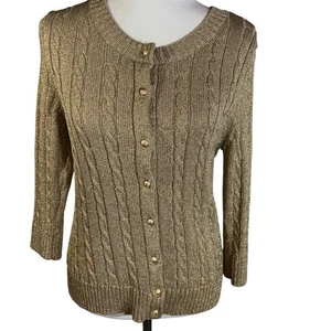 Maglione cardigan Talbots donna Petite Large taglia LP oro metallizzato bottoni davanti - Foto 1 di 8
