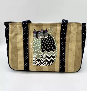 Laurel Burch Canvas Tote Bag Purse Tan Black White Gray Cat Polka Dots Chevron - Picture 1 of 14